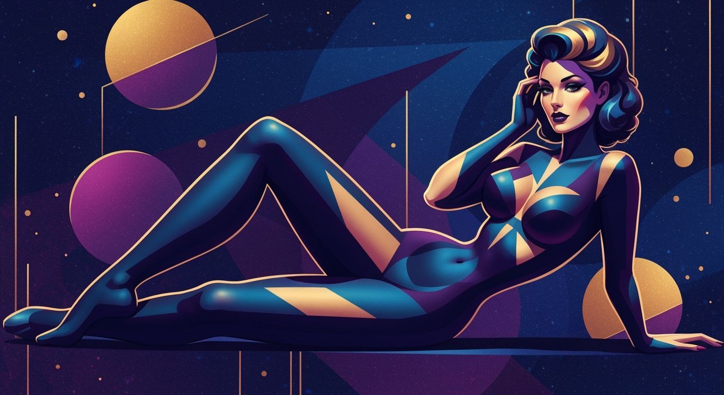Geometric Pin-Up Woman in Cosmic Art Deco Style