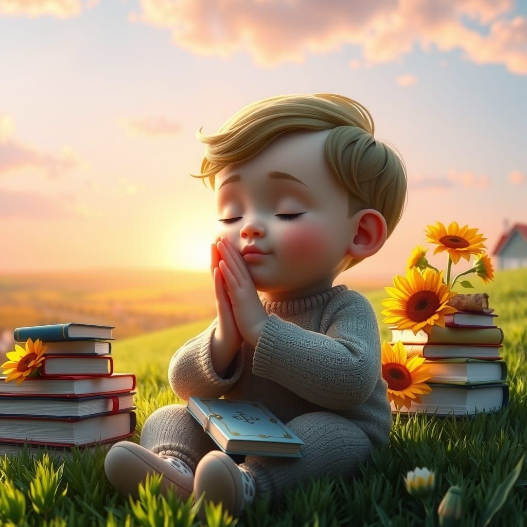 Chubby Toddler Boy Praying in Sunny Village