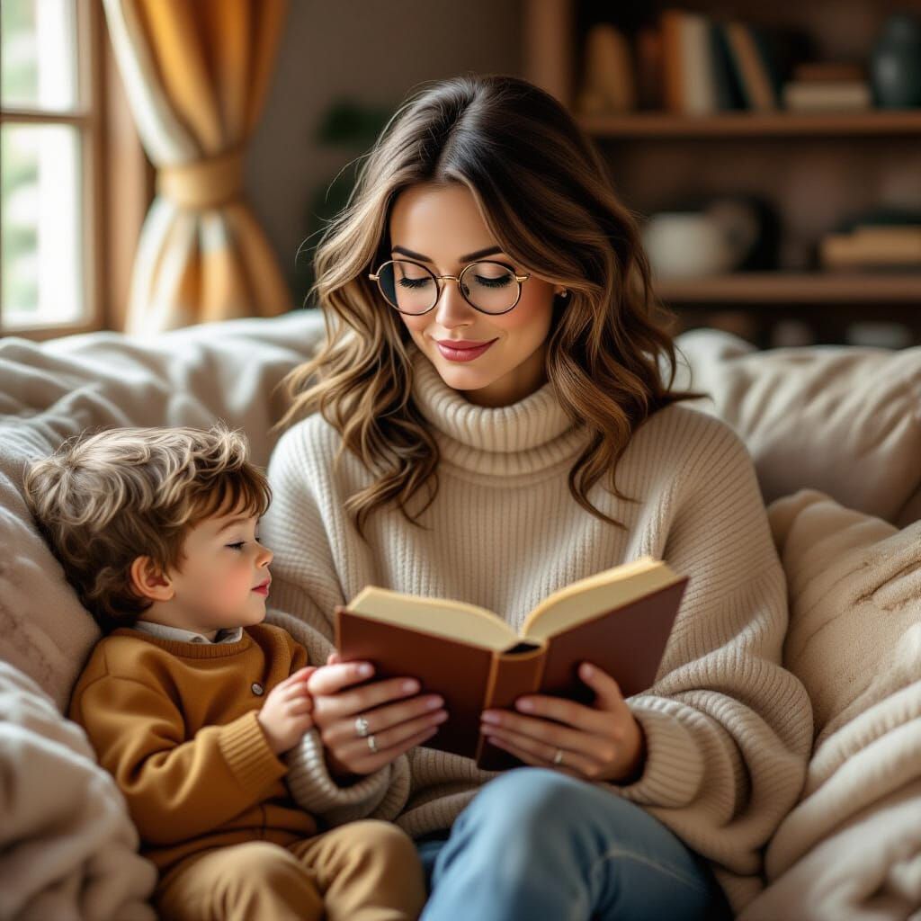Cozy Scene: Woman Reading with Son in Beatrix Potter Style