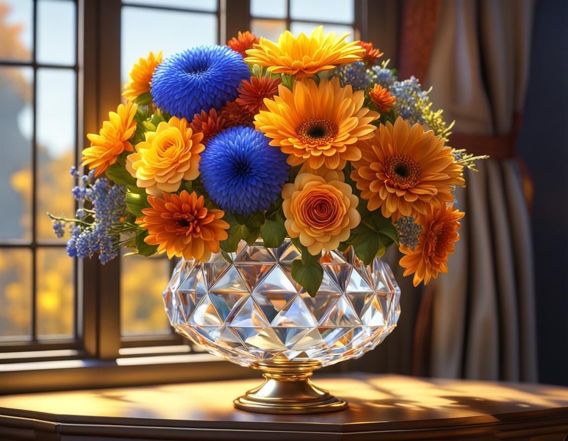Colorful Autumn Flowers in Crystal Vase