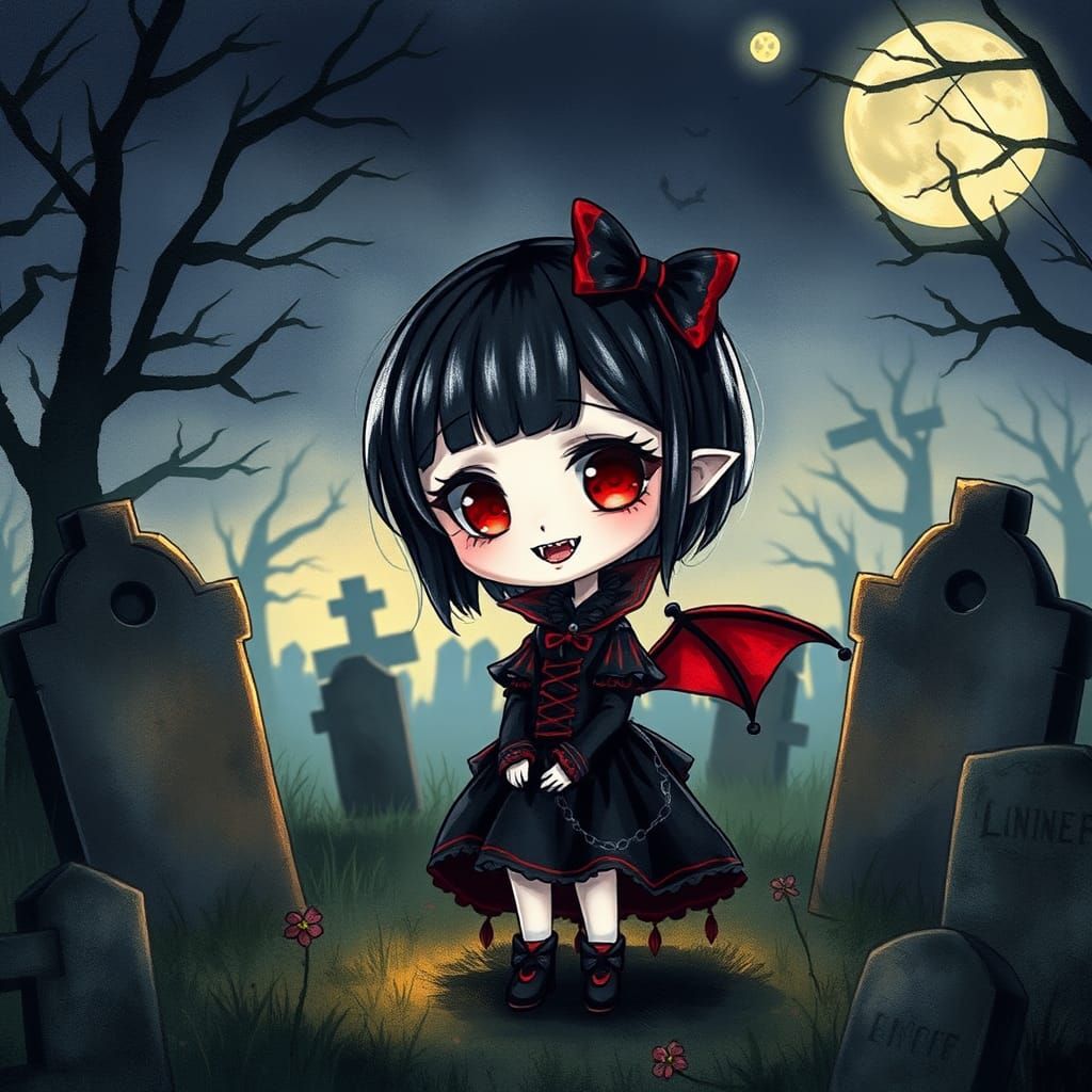 Chibi Vampire Girl in Graveyard, Anime Style