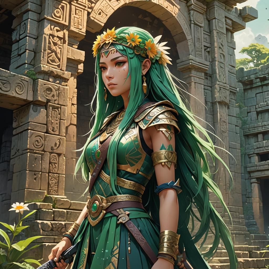 Anime Girl in Mesoamerican Ruins, Cel-Shaded Style