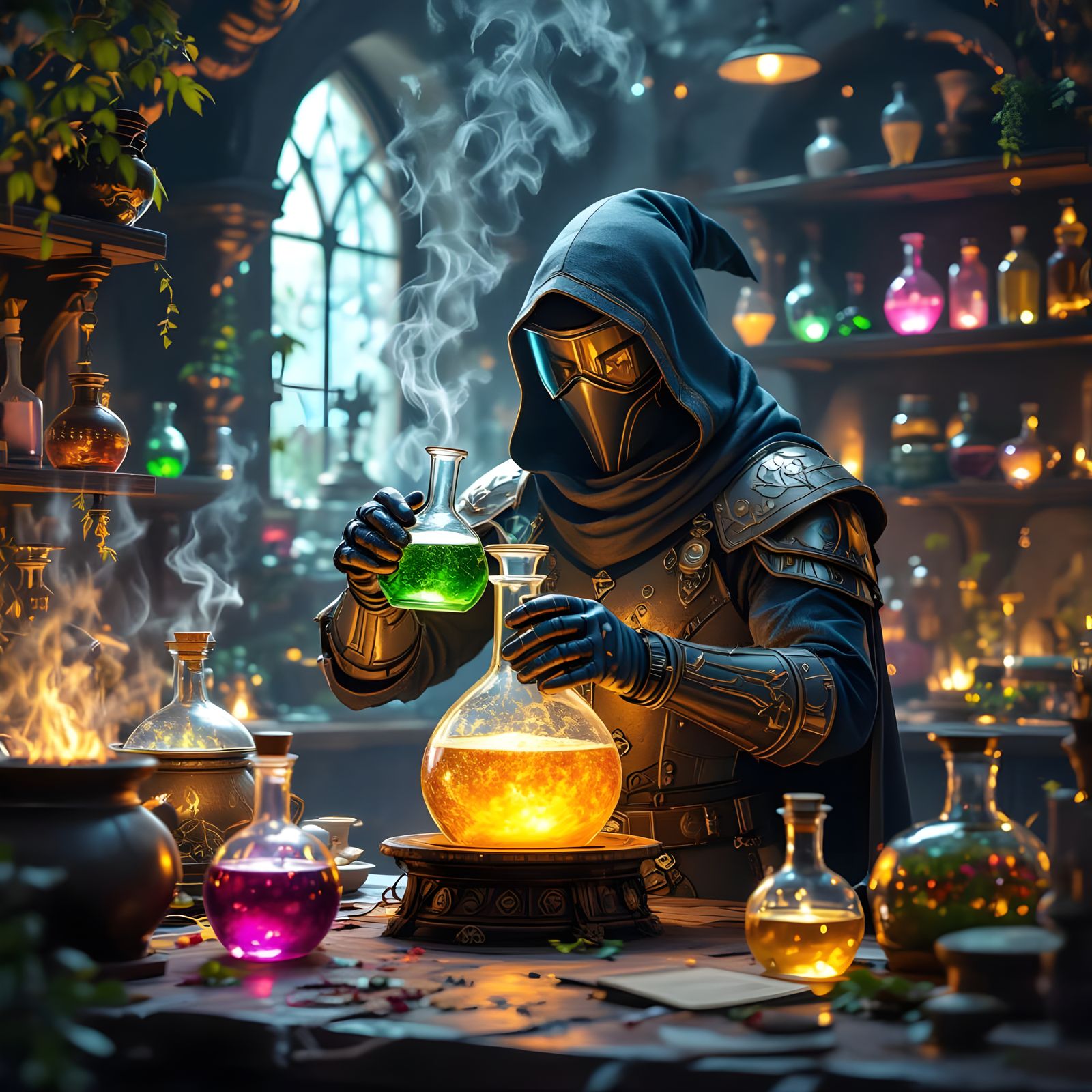 Magical Alchemist's Laboratory with Glowing Potions