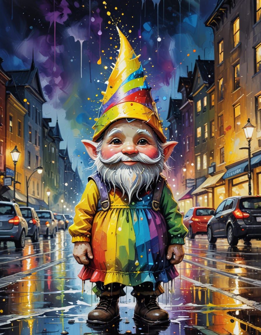 Gnome in Rainbow Dress: Vivid Oil Painting