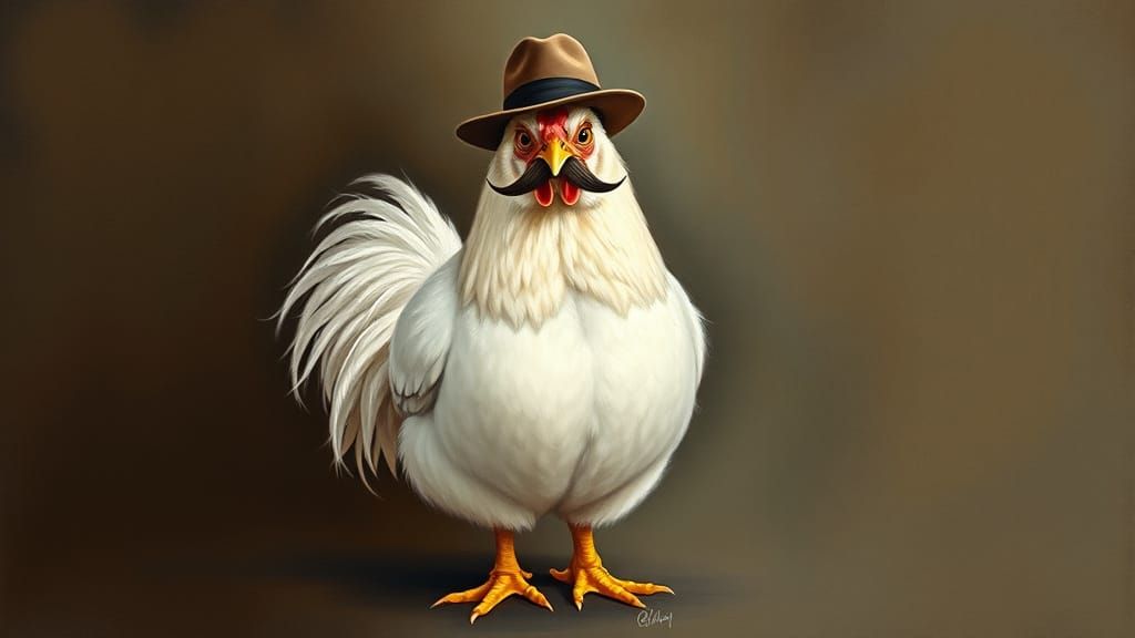 Humorous Chicken Portrait with Fedora and Mustache