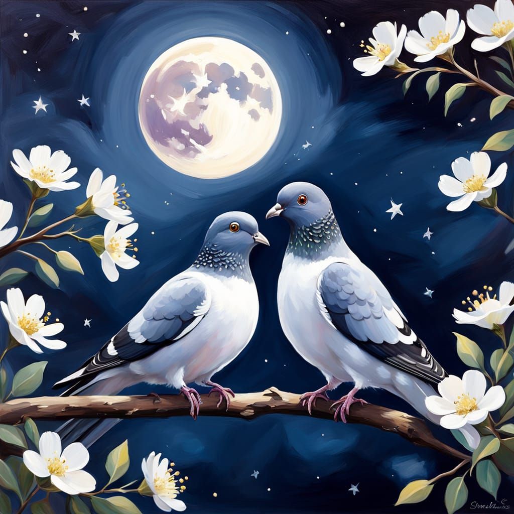 Nocturnal Oil Painting of Pigeons in Moonlit Garden