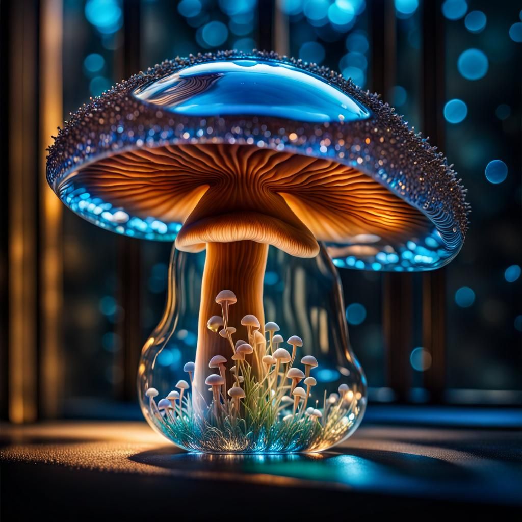 Translucent Glass Mushroom with Bioluminescent Crystals