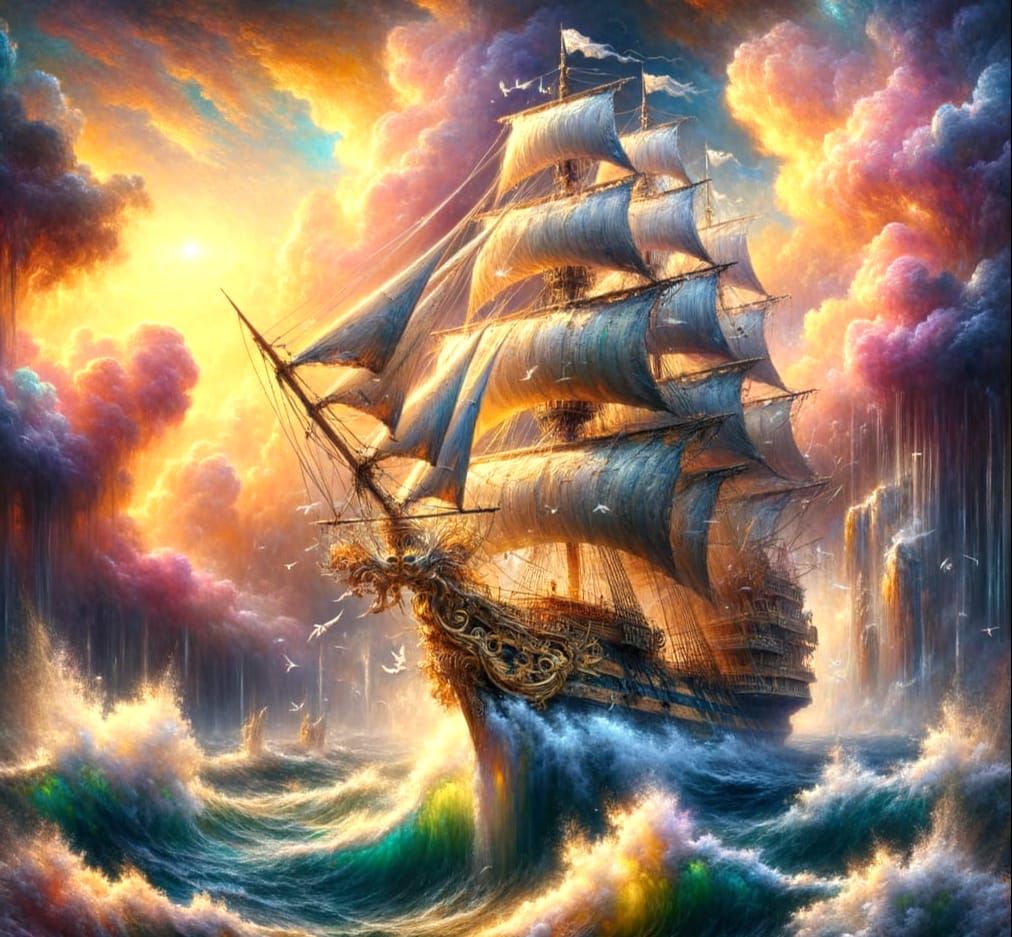 Whimsical Sailing Ship Battles Stormy Seas in Fantasy Mariti...