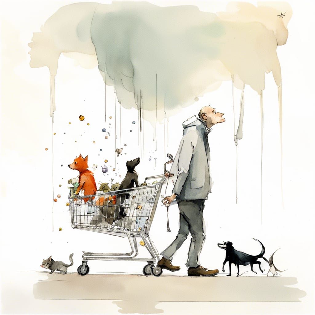 Shopping Cart Overflowing with Pets in Watercolor Style
