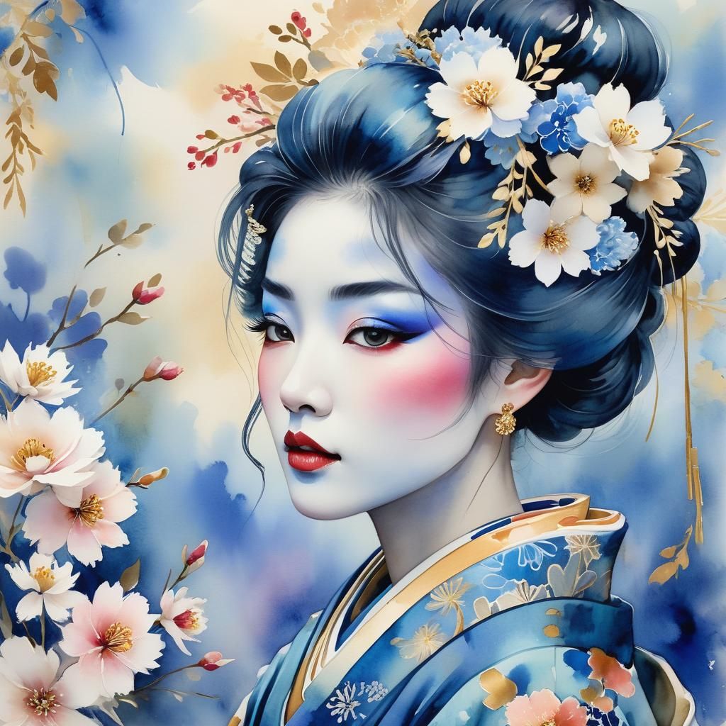 Blue Geisha Portrait in Whimsical Watercolour Style