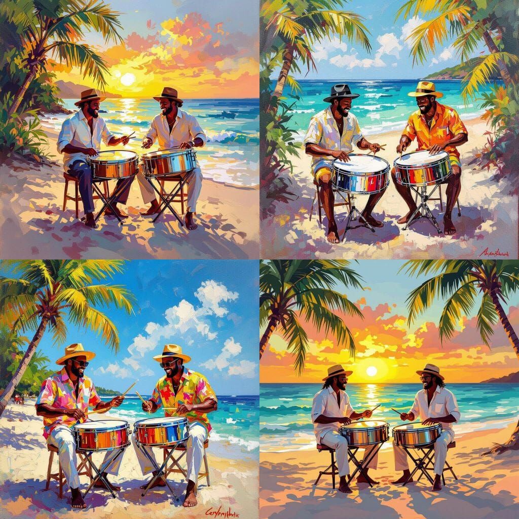 Two Caribbean Musicians Playing Steelpan Drums