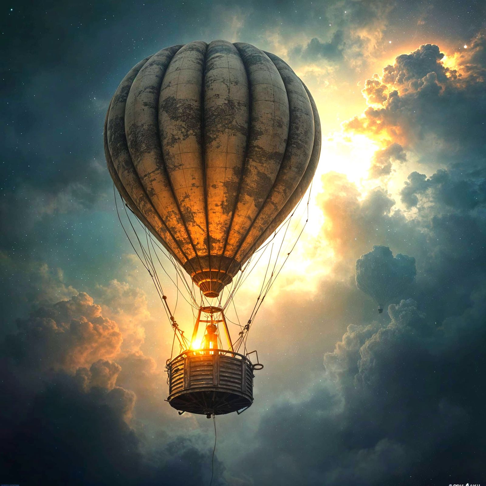 Weathered Hot Air Balloon Navigates Cosmic Nebula