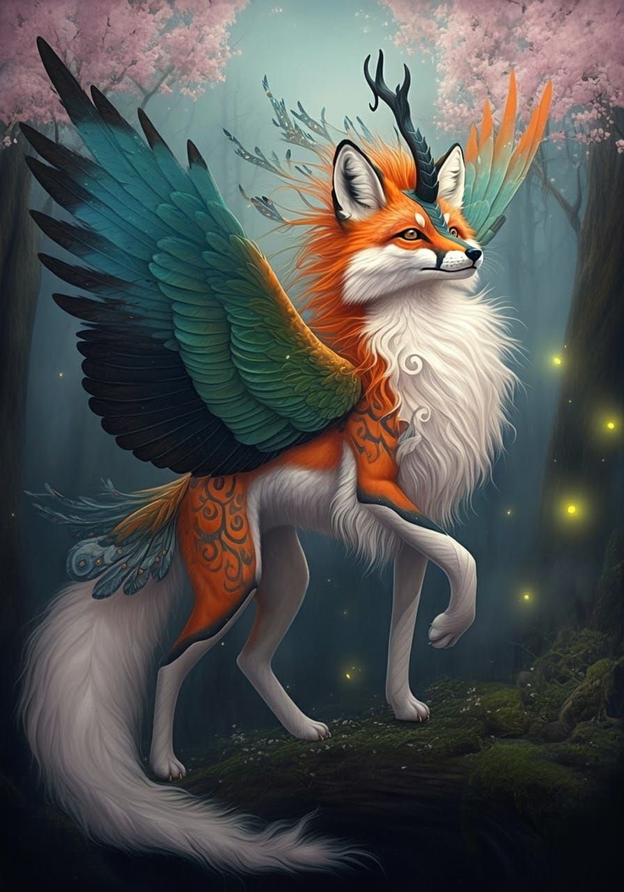Winged Fox Kirin in Moonlit Forest