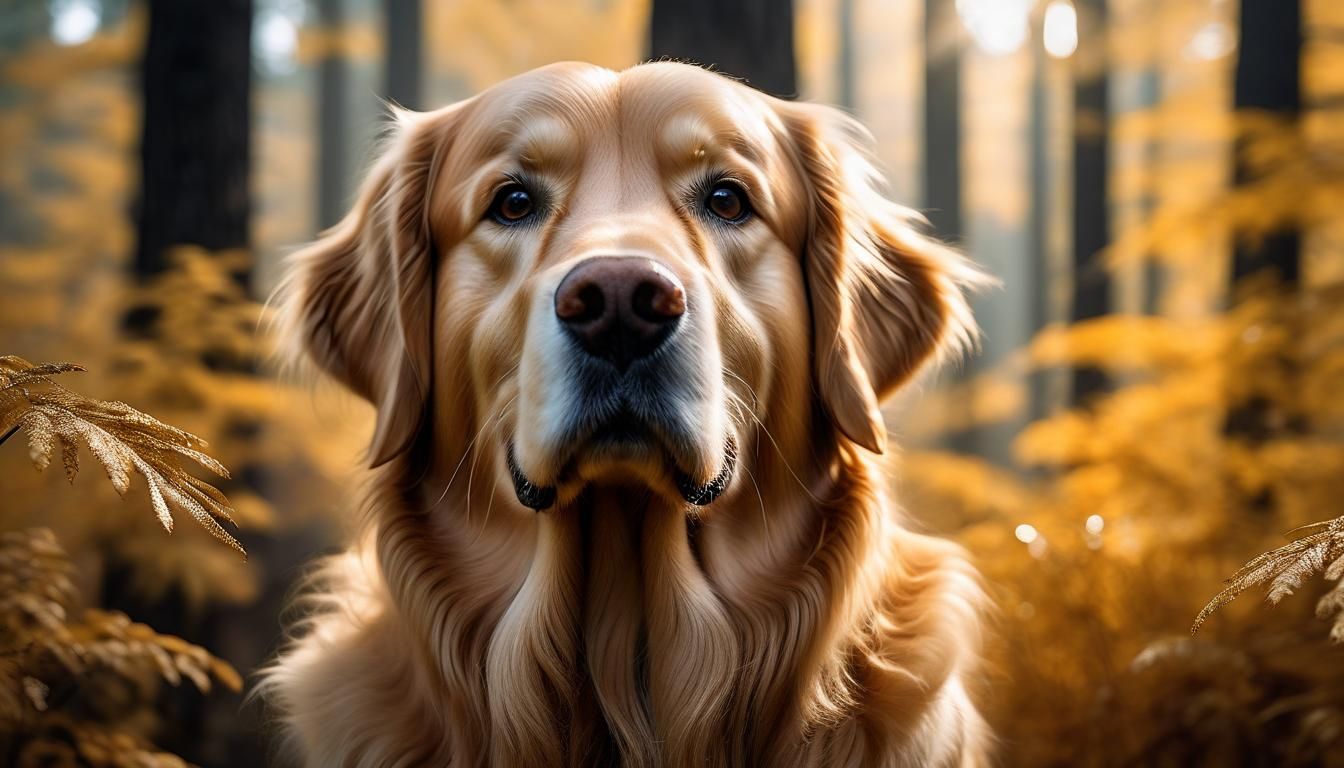 Golden Retriever Portrait in Enchanted Forest