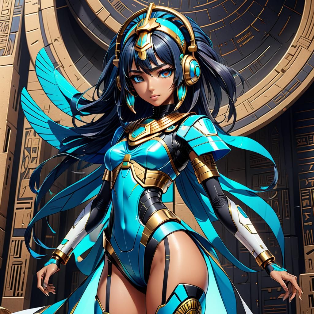 Futuristic Egyptian Anime Girl: Hyperdetailed Colored Drawin...