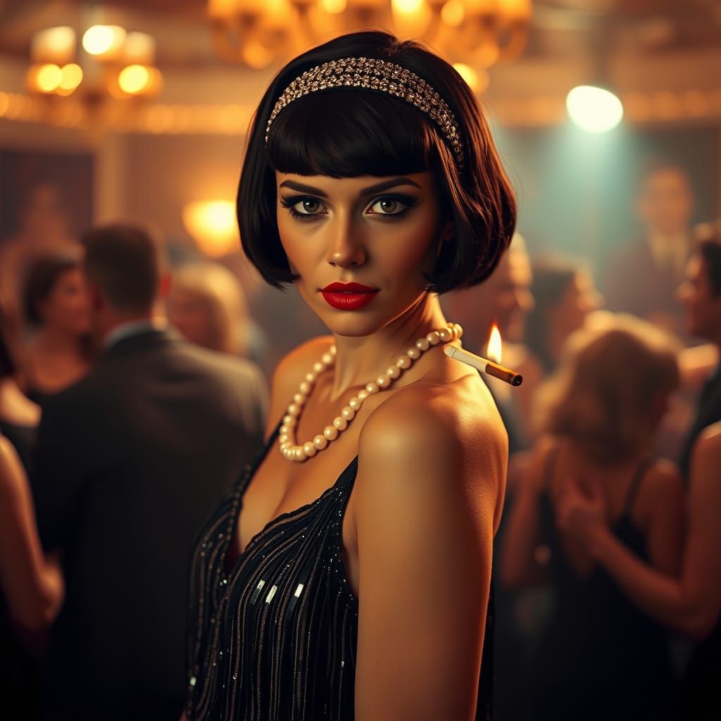 Flapper Girl in 1920s Speakeasy, Cinematic Portrait