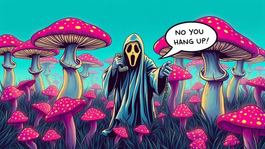 Ghostface Surrounded by Glowing Mushrooms in Neon Horror Mov...