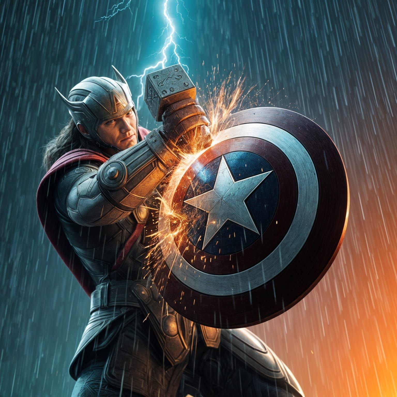 Thor slamming his hammer on Captain America shield, lightnin...