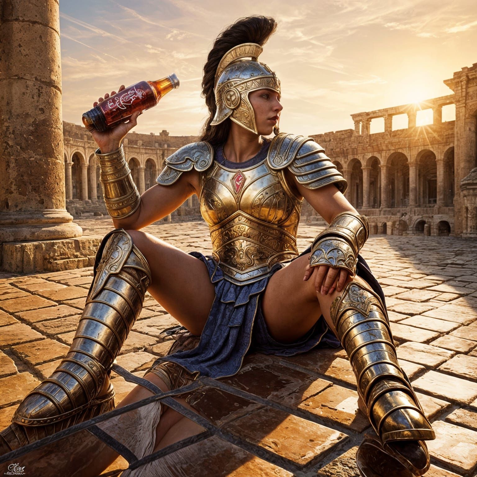Glowing Female Gladiator Finds Solace in Refreshing Drink