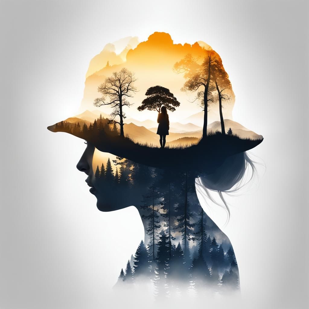 Silhouette Girl Double Exposure Landscape: Masterpiece in 8k