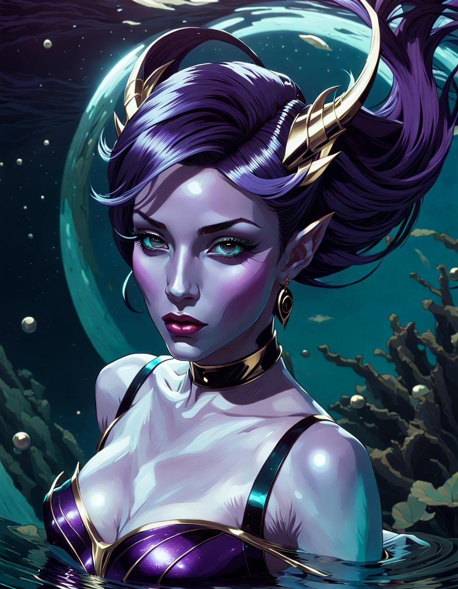 Purple-Skinned Dark Elf Swimming Underwater