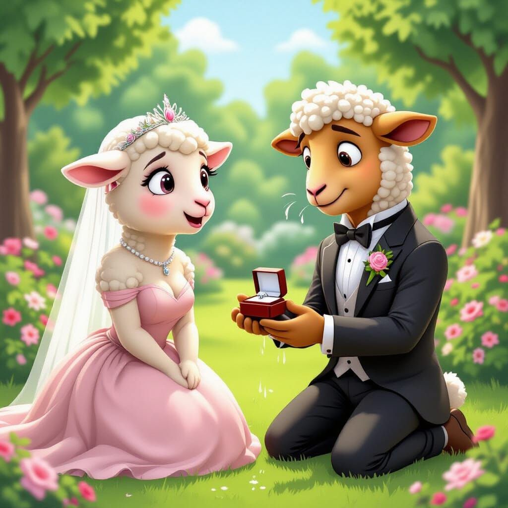 Lamb's Nervous Wedding Proposal in Garden Setting