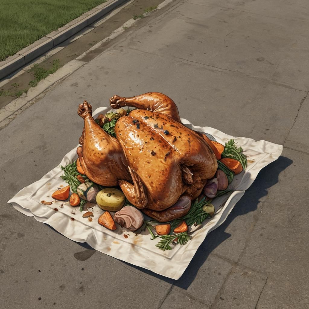 Detailed Illustration of a Roast Chicken in Driveway