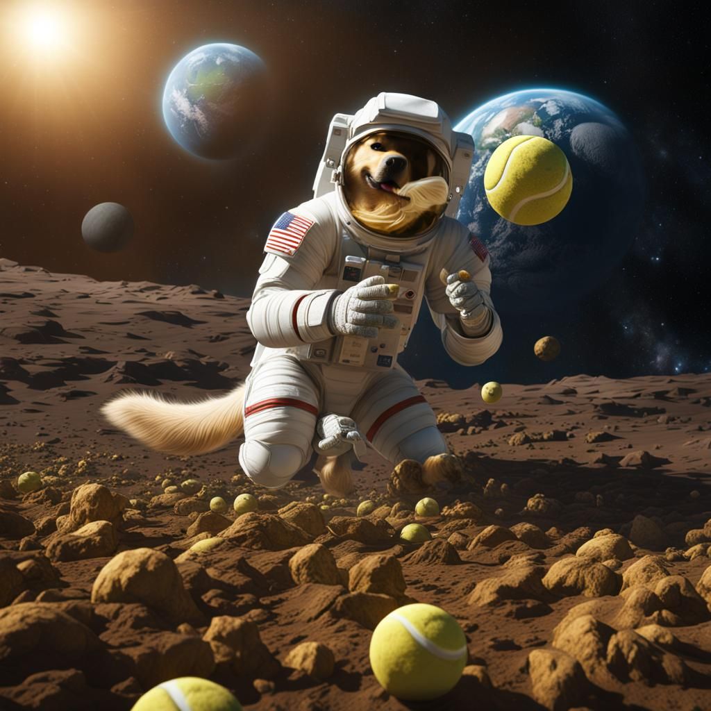 Astronaut Golden Retriever Eats Earth: Detailed Digital Art