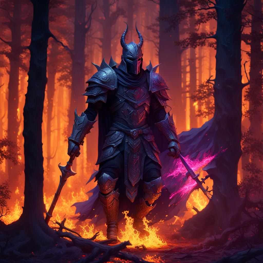 Demonic Knight in Burning Forest, Dark Fantasy Art