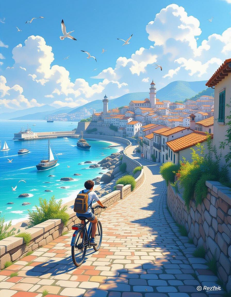 Seaside Town Bicycle Ride in 3D Anime Style