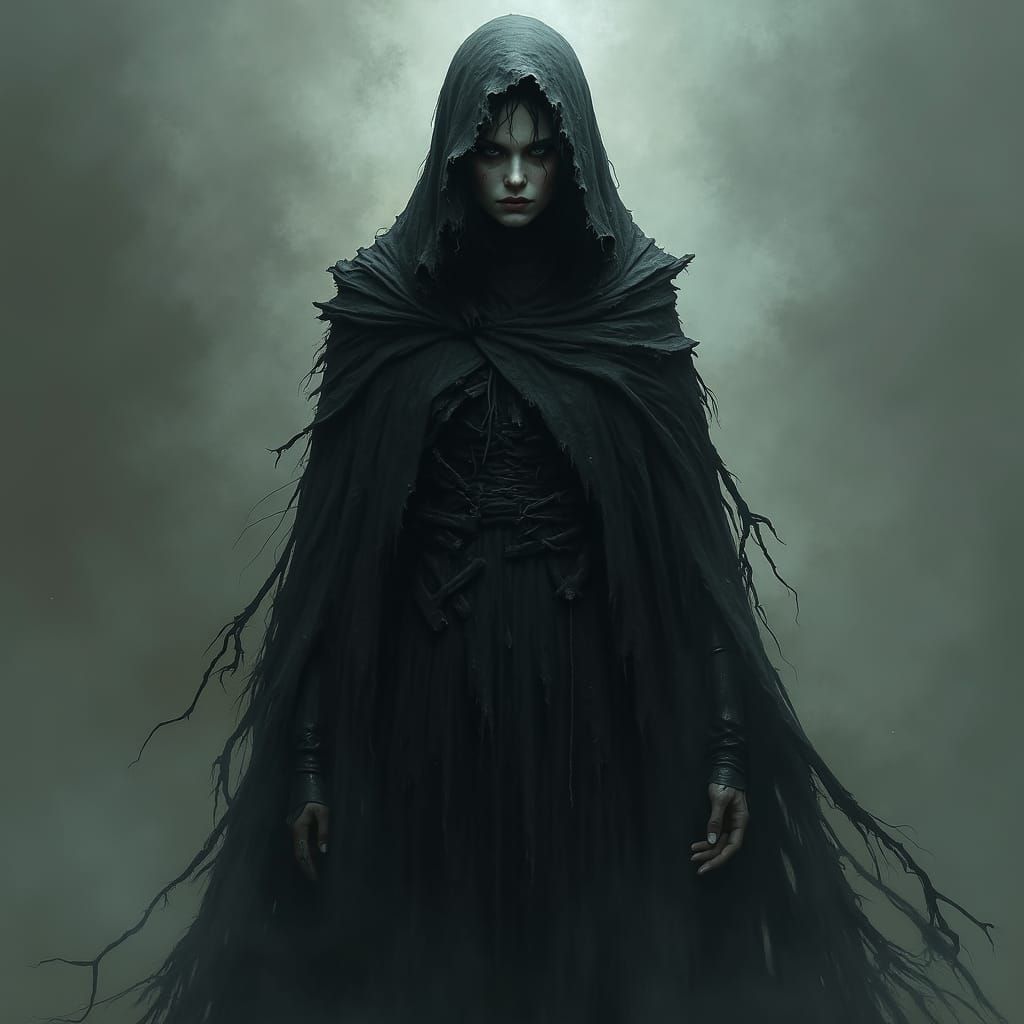 Imposing Woman in Black Robes, Dark Surrealism