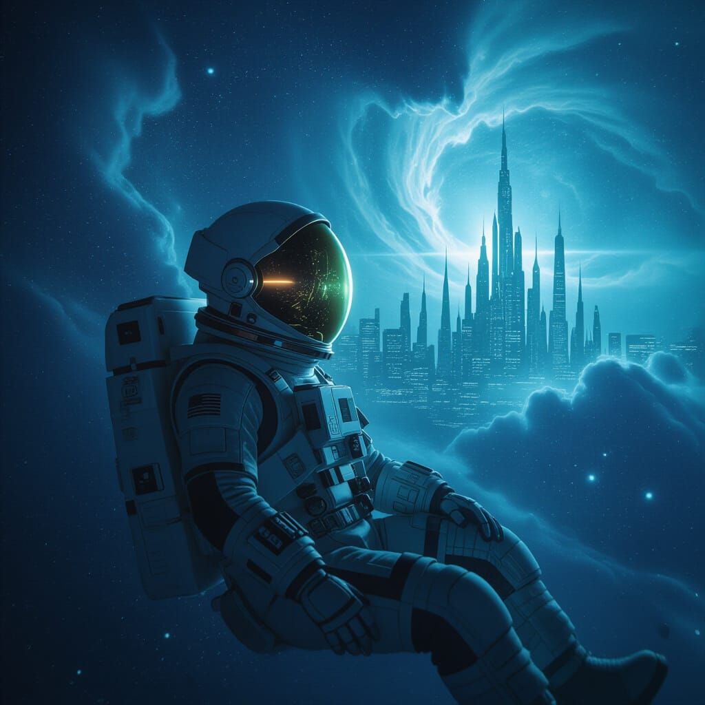 Astronaut Adrift in Nebula Reflecting Alien City