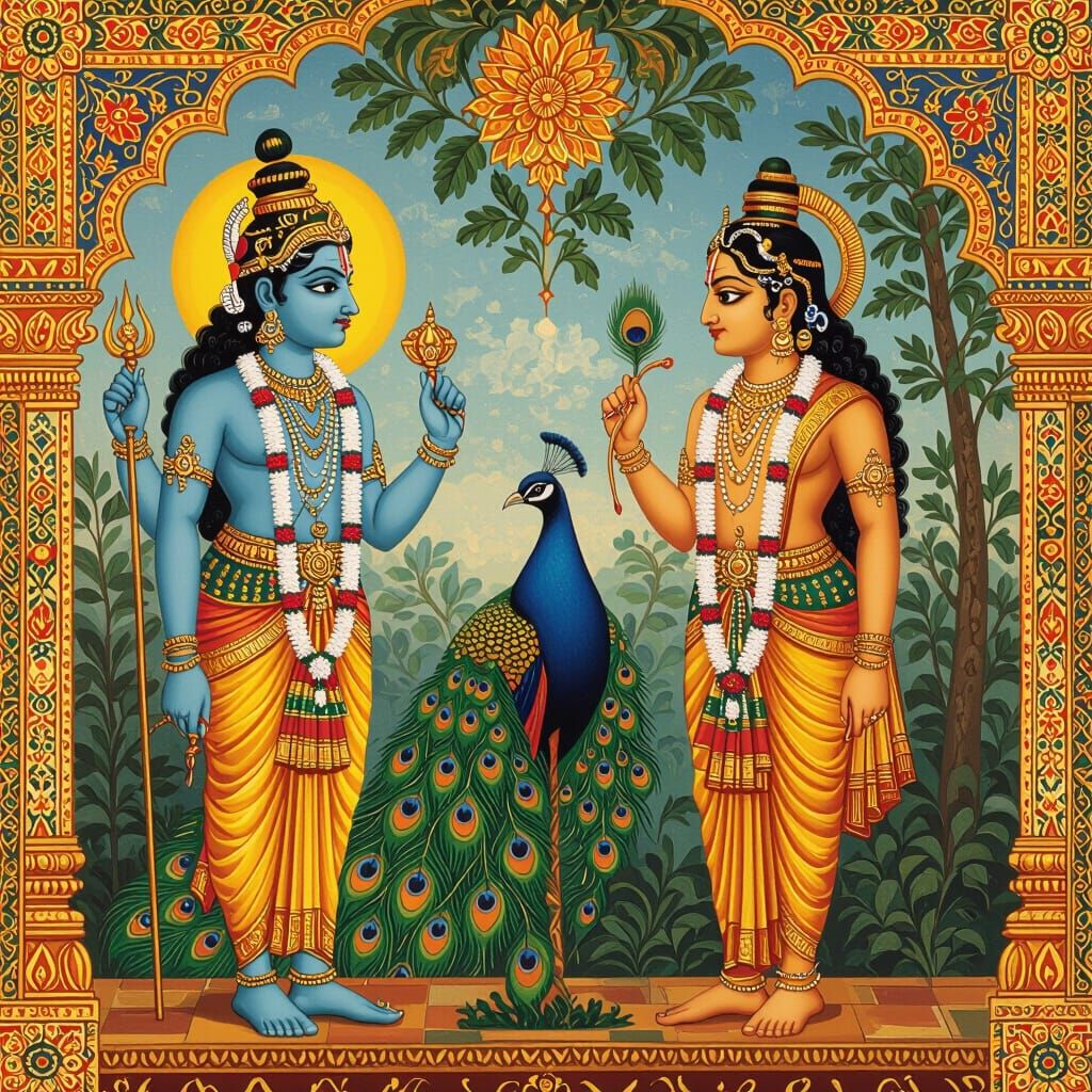 Perumal and Murugan in Vibrant Indian Art Style