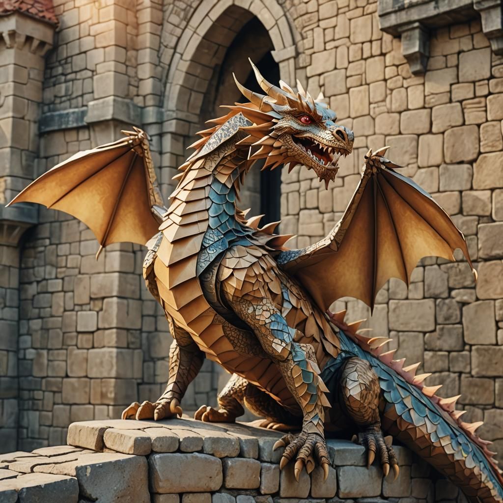 Majestic European Dragon on Castle Wall in Origami Style
