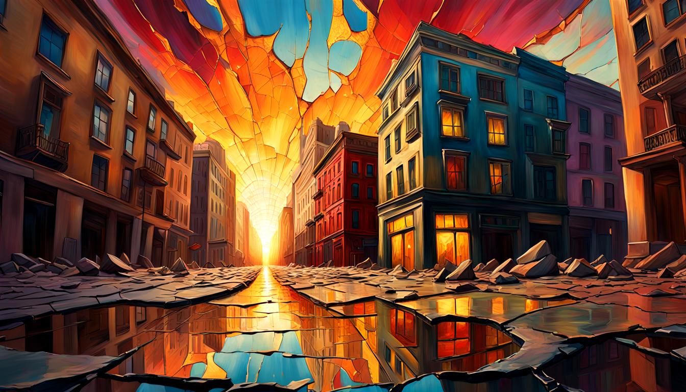 Surreal Cityscape Reveals Glowing Core in Oil Painting