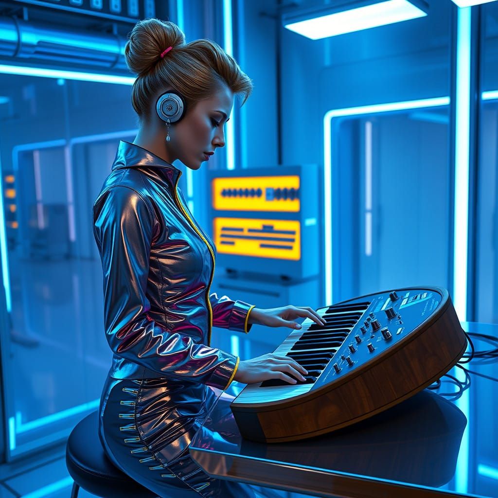 Woman in Futuristic Jumpsuit Plays Minimoog in High-Tech Lab