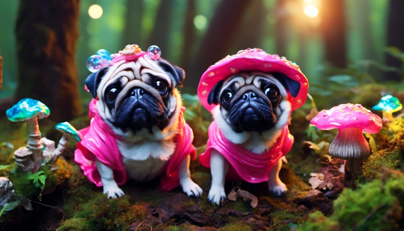 Pug in a Fantasy Mushroom Forest
