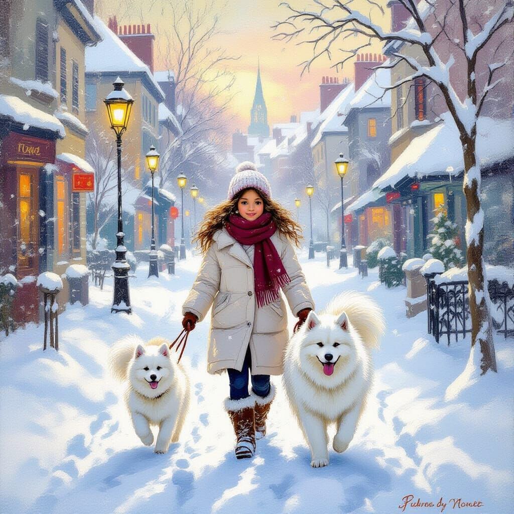 Impressionist Winter Scene: Girl and Samoyed in Paris