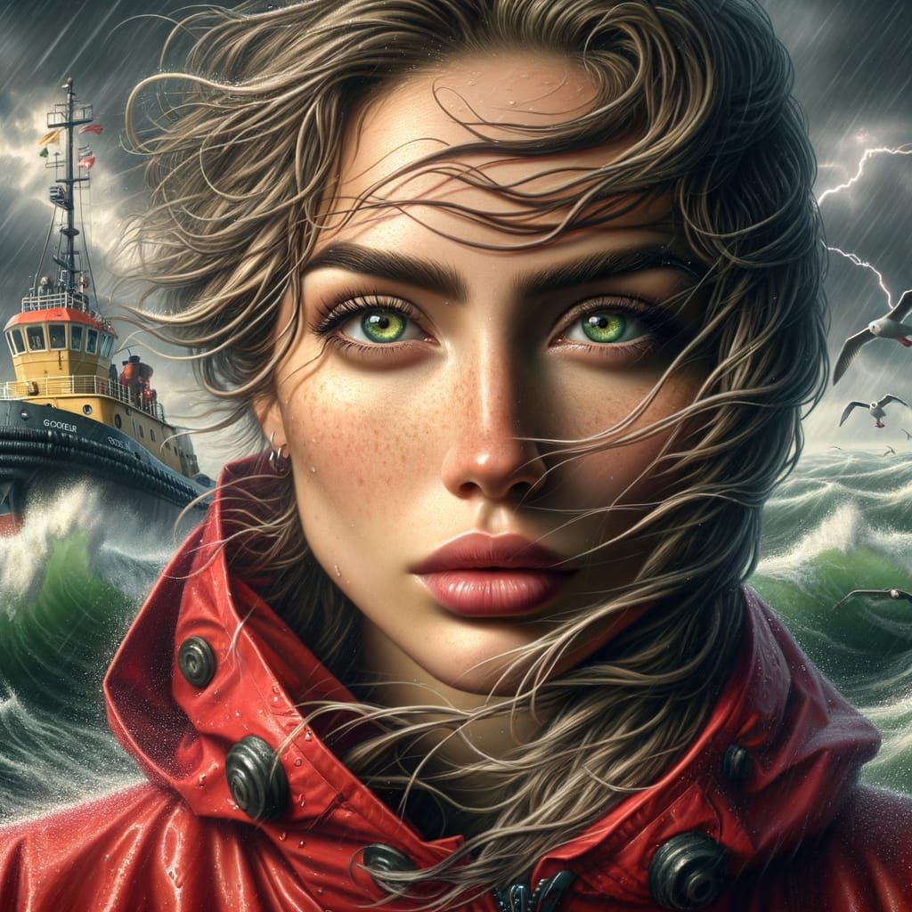 Blonde Woman in Storm on Tug Boat: Oil Painting