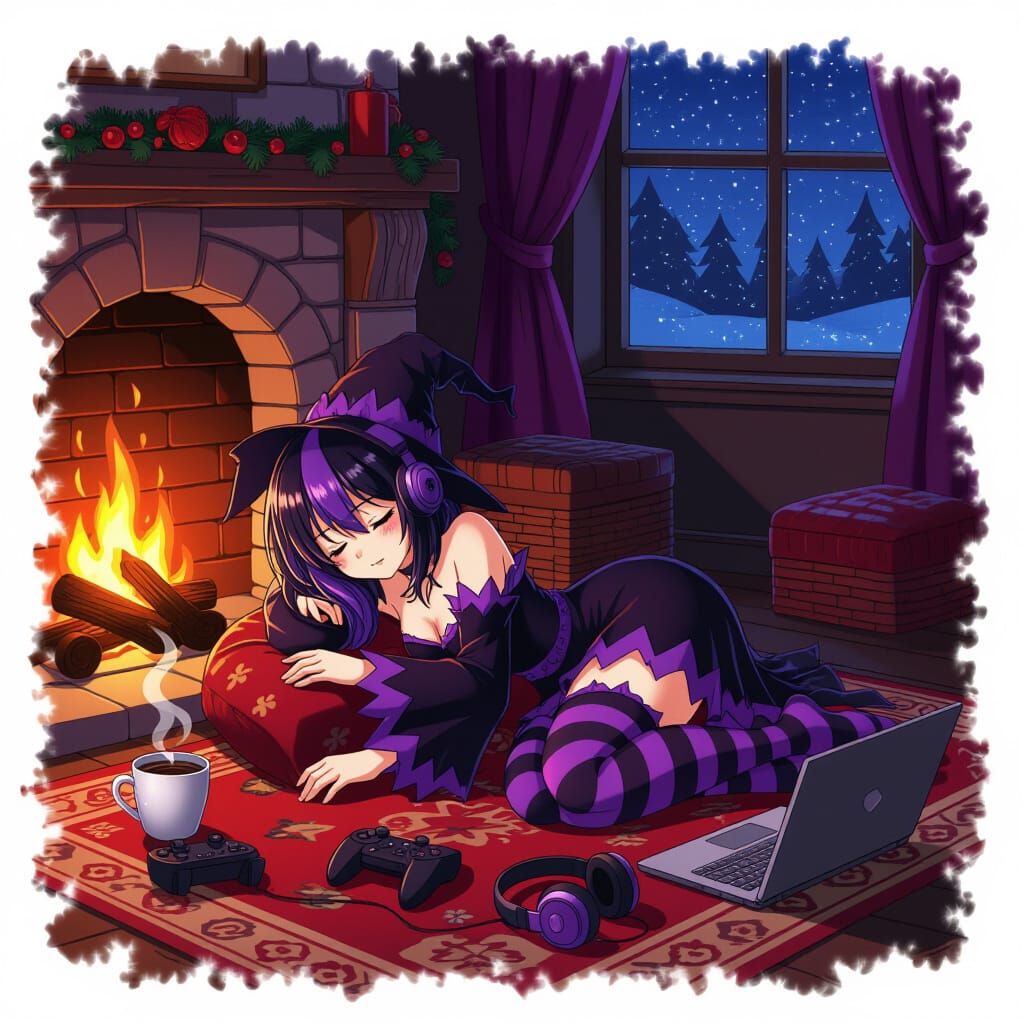 Cute Witch Sleeps by Fireplace in Anime Style