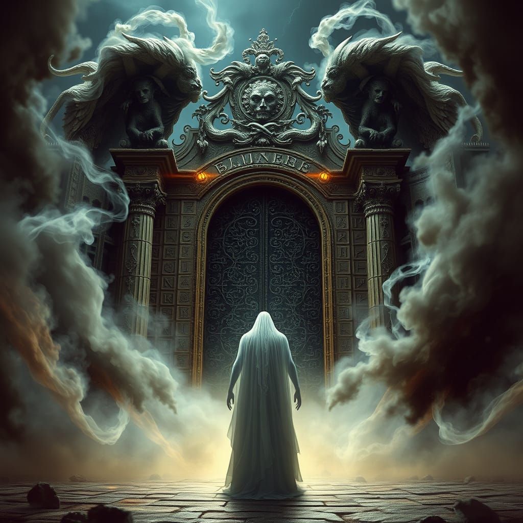 Spectral Figure Stands Before Gothic Gate to the Afterlife i...