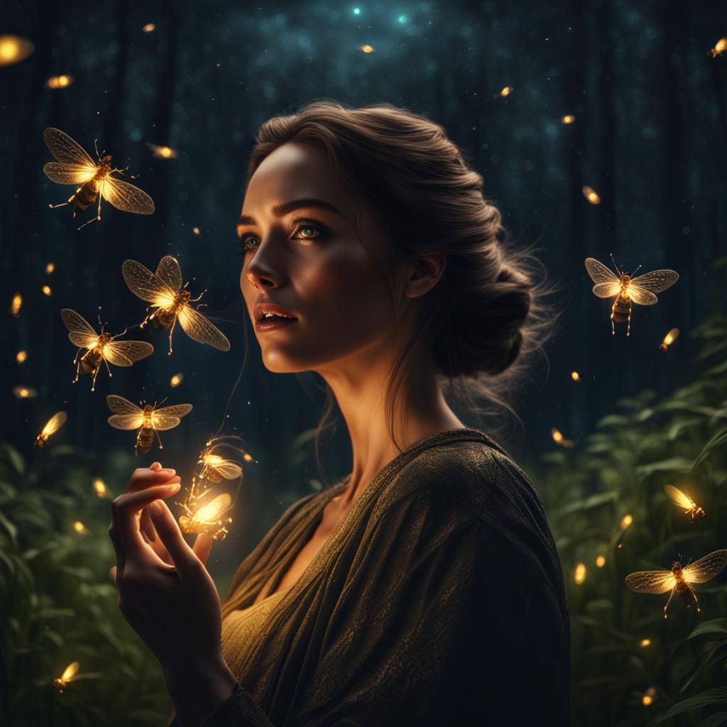 Young Woman Catching Fireflies: Digital Matte Painting