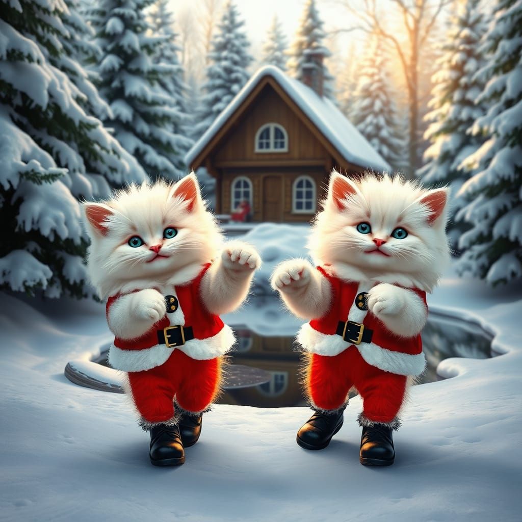 Kittens in Santa Coats Dance in Snowy Forest