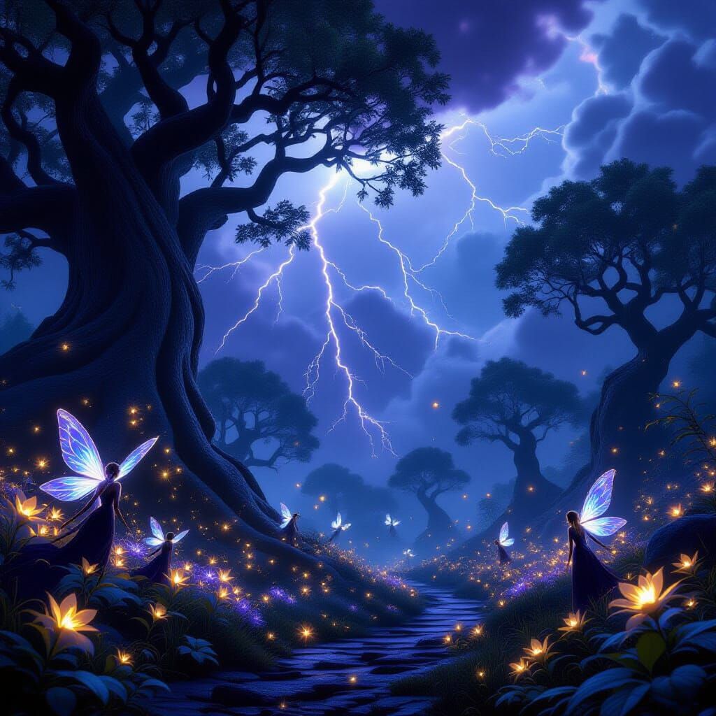 Mystical Grove in Violet Storm with Fairies