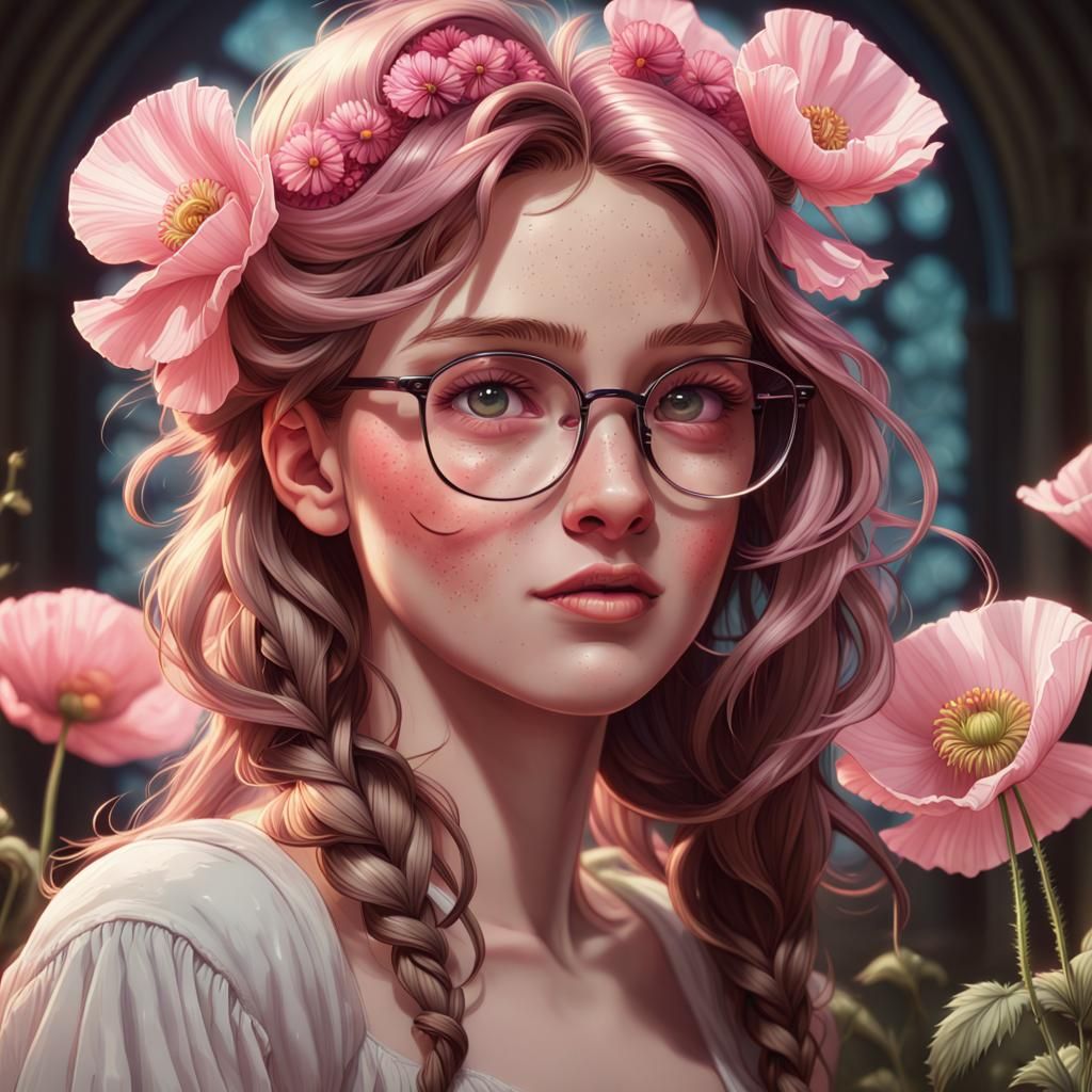 Girl with Poppies Portrait in Art Nouveau Style