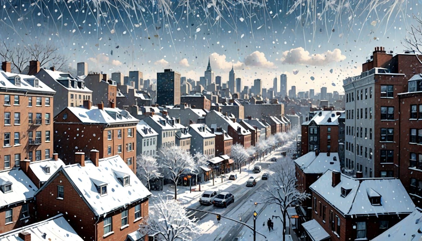 Cityscape Under Heavy Snowfall in Abstract Impressionist Sty...