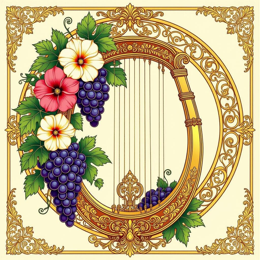 Golden Lyre with Flowers and Grapes in Art Nouveau Style