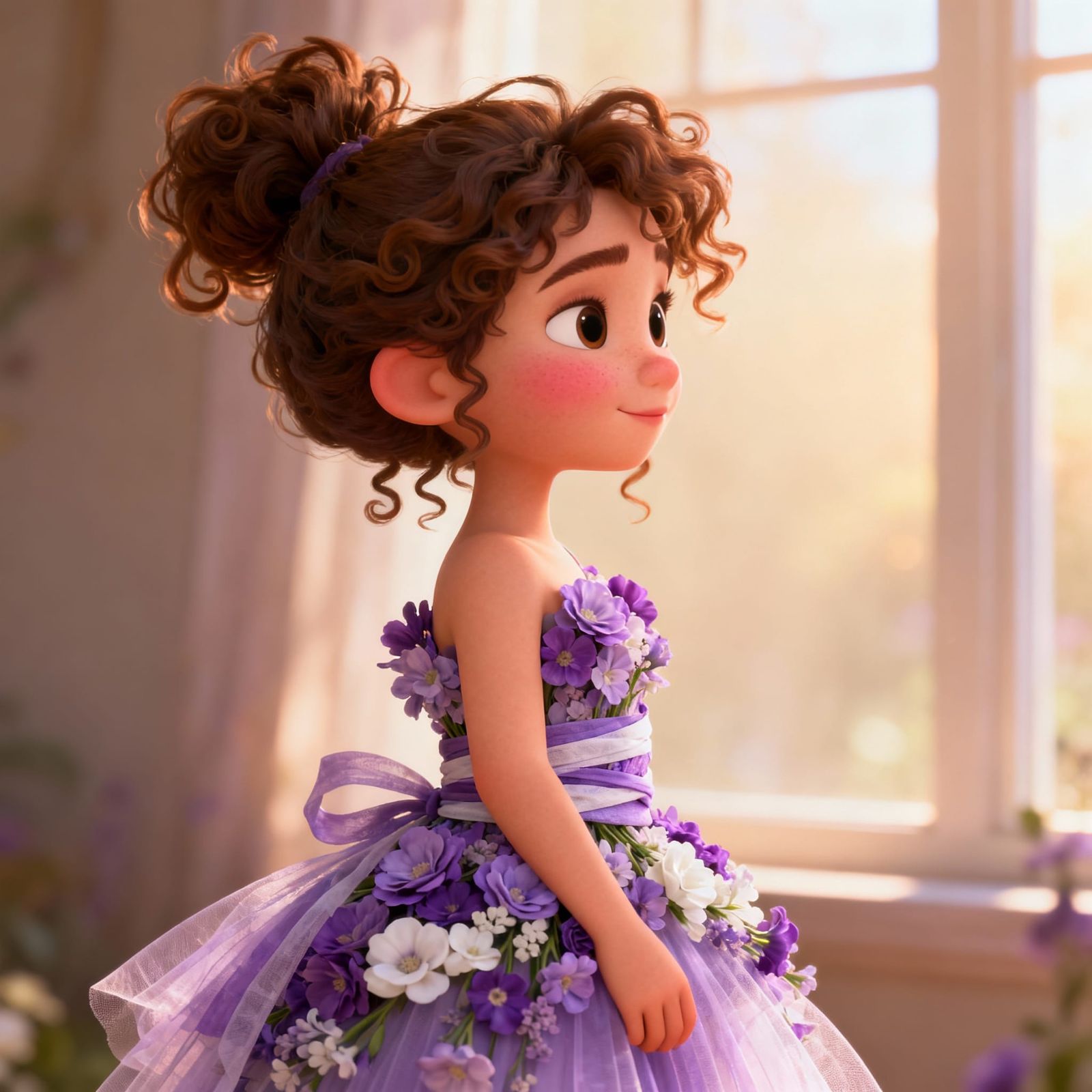 Girl in Floral Dress: 3D Pixar Animation Style