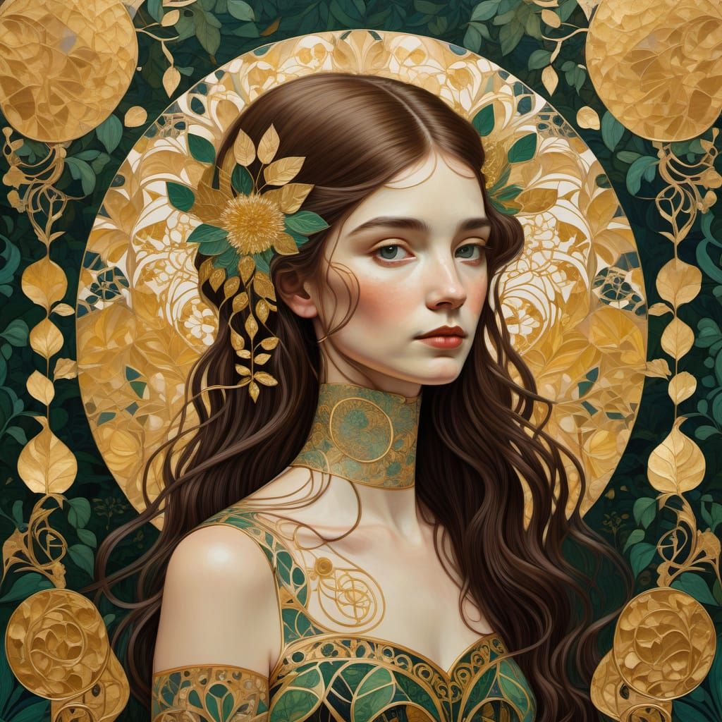 Art Nouveau Woman in Forest, Klimt Style