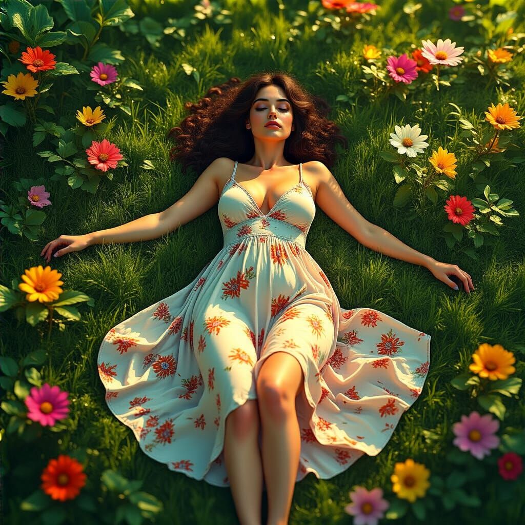 Woman Relaxing in Vibrant Nature, Hyperrealistic